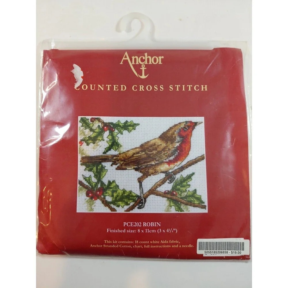 Anchor PCE202 Robin Counted Cross Stitch Kit - Bird & Holly Design, UK Made
